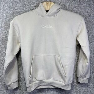 Comfrt Hoodie Mens Large Beige Fleece Pullover Logo Kangaroo Pocket Sweatshirt